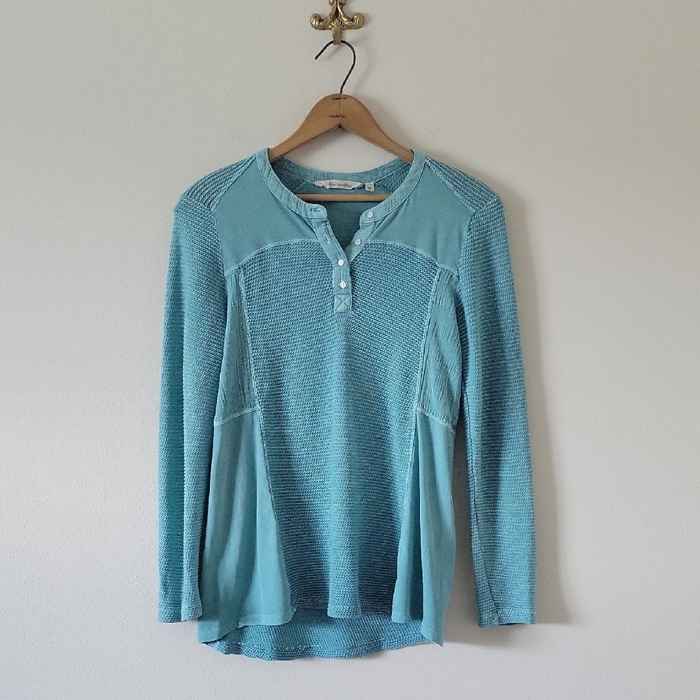 Soft Surroundings Teal Blue Waffle Knit Thermal Long Sleeve Tee Size Small